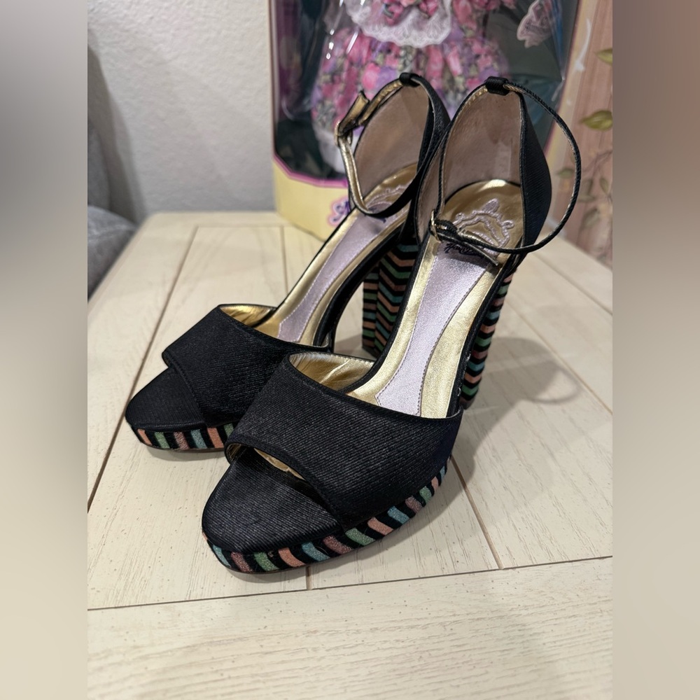 Hale Bob Black Heels with Multicolor Stripes Platform